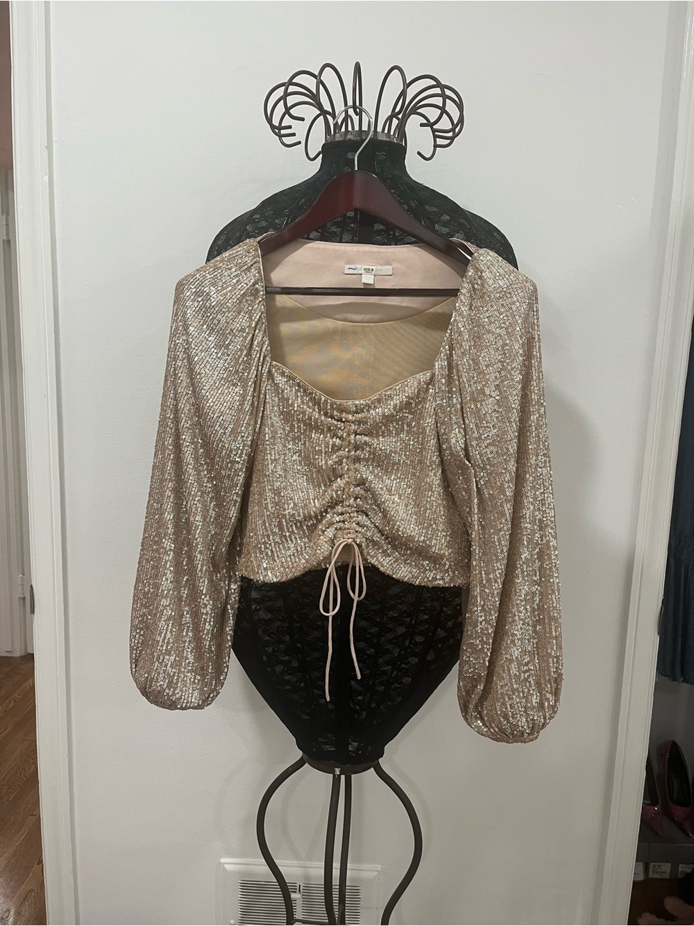 Jonathan Simkahi  Champagne Sequin Ruched Drawstring Long-Sleeve Top